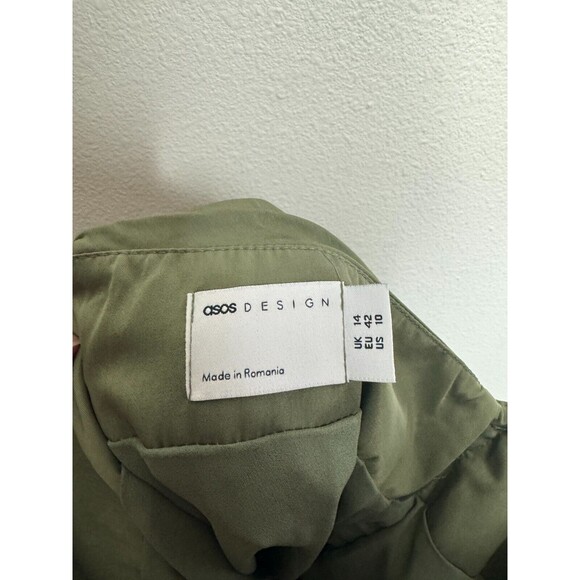 ASOS Sz 10 Asymmetrical Ruched Mini Skirt Green Side Button Detail Cotton Blend - Picture 9 of 12